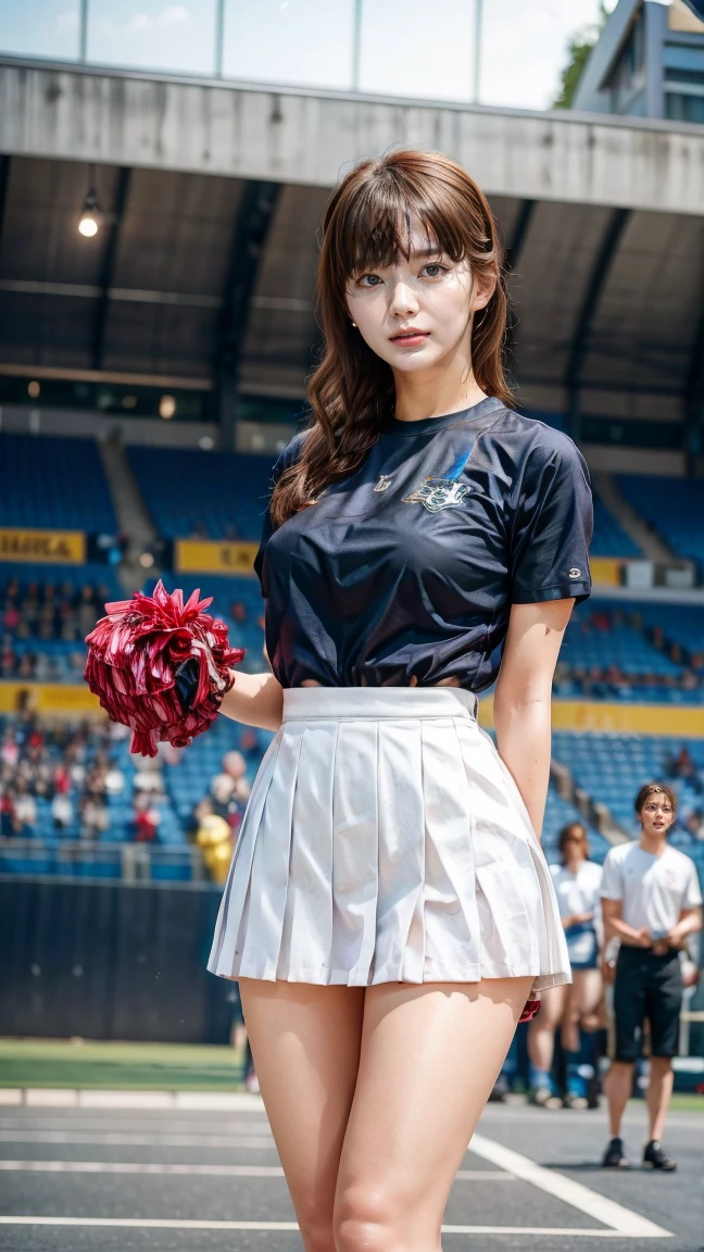 A beautiful young Japanese woman, 20 years old, with perfect anatomy, healthy thighs, beautiful feet, flawless skin, random hair color and style, large bust, (she is standing:1.2), wearing a cheerleader uniform with micro-pleated miniskirt, in a full body shot, standing in a stadium, (best quality,4k,8k, highres, masterpiece:1.3), (extremely detailed:1.2)