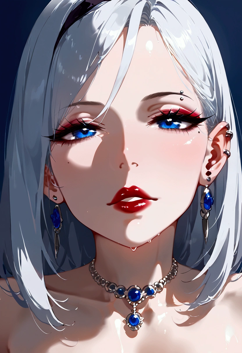 A beautiful young woman, 1girl, hourglass figure, seductive pose, wearing jujutsu kaisen strapless dress, silky blunt white hair, heavy silver jhumka earrings, necklace ,cleavage, detailed face with stunning eyes, full lips, flawless makeup, dark cinematic lighting, dramatic photorealistic effect, masterpiece-level 8K rendering, ultra-detailed, realistic, photo-realistic, HDR, UHD, studio lighting, ultra-fine painting, sharp focus, physically-based rendering, extreme detail description, professional, vivid colors, bokeh,heels