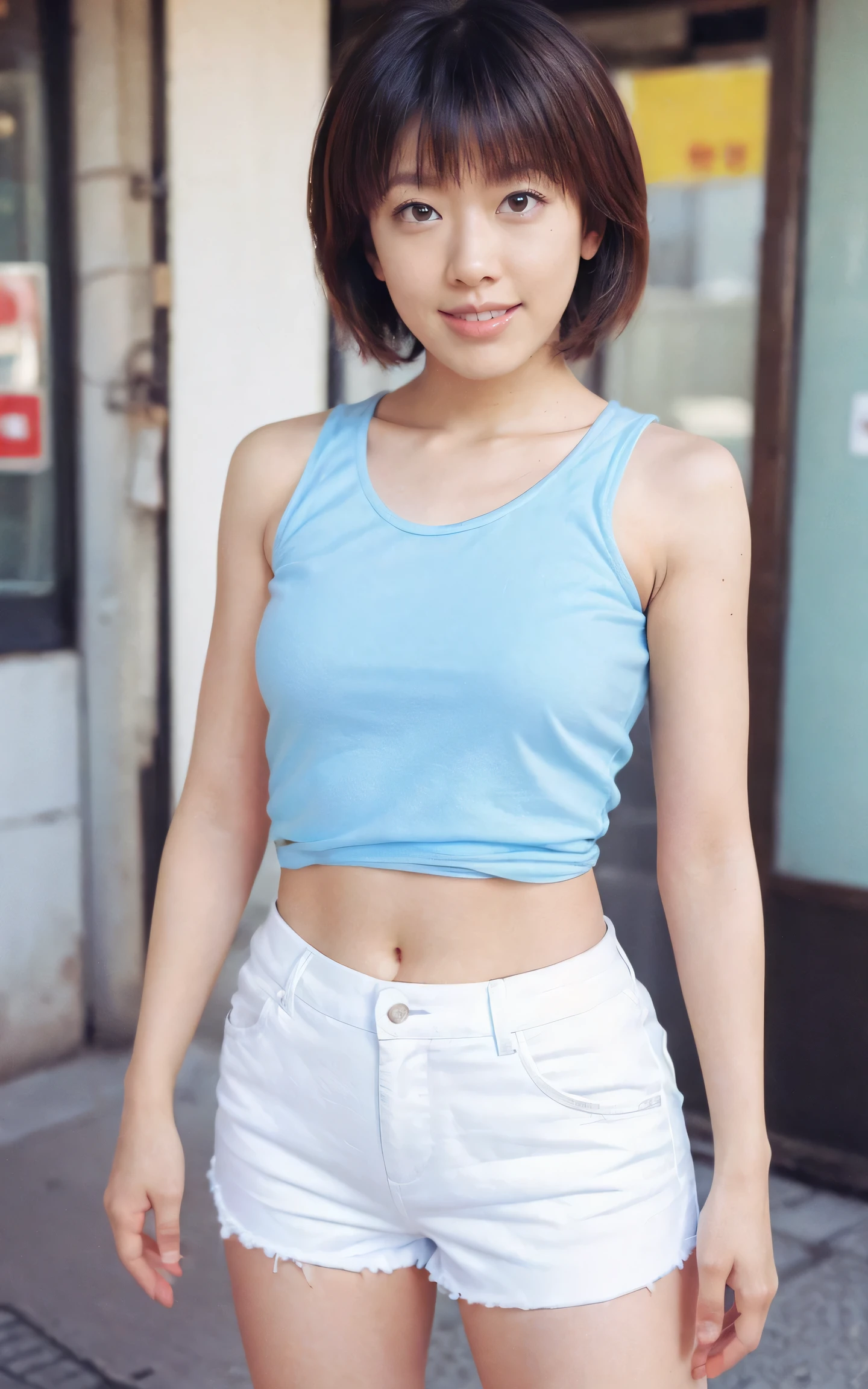 ((Best Quality、8k resolution、masterpiece、Portraiture)), photorealistic, 35mm Film,1girl, 3d,(tanktop_shorts:1.2), looking at viewer, navel,standing, \(medium\), photorealistic, realistic, small breasts, smile, solo, traditional media,),(On a street corner in Tokyo)