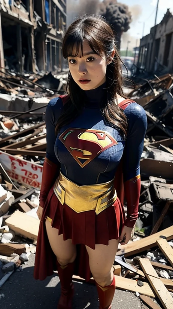masterpiece、Short-haired Supergirl sleeping in the rubble、large full breasts、Looking at the camera、Glossy costume、Crotch、wounded、Mud stains、Covered in mud、Exhausted、Weekly magazine cover