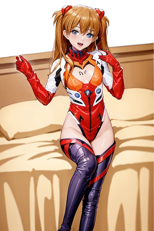 (( top quality)), ((masterpiece)), (be familiar with),  perfect face, indoor, bedroom, looking at the viewer,
One woman,  Soryu Asuka Langley ,
 open mouth,  ecstatic expression beside the piano, blush, smile,
 small tits,  flat chested, Young girl, Lori,  s,  girl,
 long hair,  twin tails,
Leg spread,