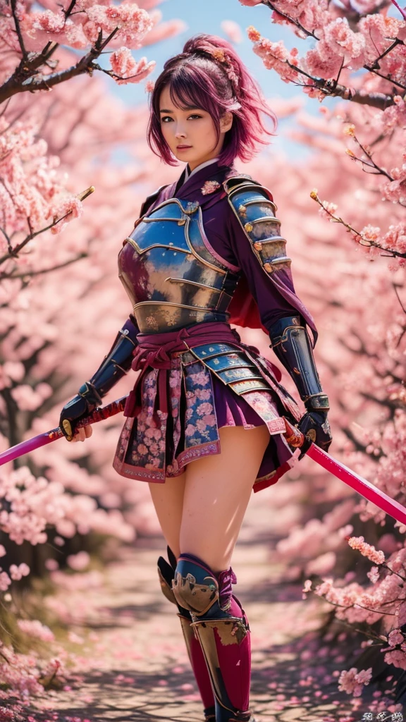 (RAW shooting,  Photorealistic:1.5, 8k,  top quality, masterpiece,  super high resolution 、 Fighting Bose:1. 8、 battlefield、(((  battles burning everywhere :1.3)))、(((fighting stance)))、(((fighting pose)))、Highly Detailed Skin and Face Textures :1.2,  ((( holding sword))),  beautifully refined :1.2,  SEXY BEAUTY ,  perfect style, belief,   white skin,  very beautiful face , (Big Breasts, Chest gap), Perfect means, perfect hand,   perfect leg、( Sexy Warrior Battle Wearing Armor  :1.2,  Off Shoulder:1.1)、 ( beautiful blue eyes、 Beautiful Eros Eyes :0.8)、 (Overly sensual:0.9,  seductive :0.9)、nsfw、((realistic))、((very short hair))、((Hot pink hair ))、((toned body))、(glistening skin)、 toned body、((huge breasts))、Big Breasts、 plump thighs、 red armor with a plum blossom pattern engraved on it 、(  wearing a plum blossom patterned cape )、(chiffon skirt)、Red shin guard with plum blossom engraved on it 、 red high-leg underwear 、 pink tights that make you have huge breasts、 absolute domain、(holding spear)、Dramatic lighting、((Clear Sky Thunderbolt))、((Plum blossoms are dancing ))、(( Plum blossoms in full bloom in the background ))、(( Large plum blossoms in full bloom on the front ))、 cinema-like scene 、 Max Image、 Ultra High Definition、8k、masterpiece、crisp quality、