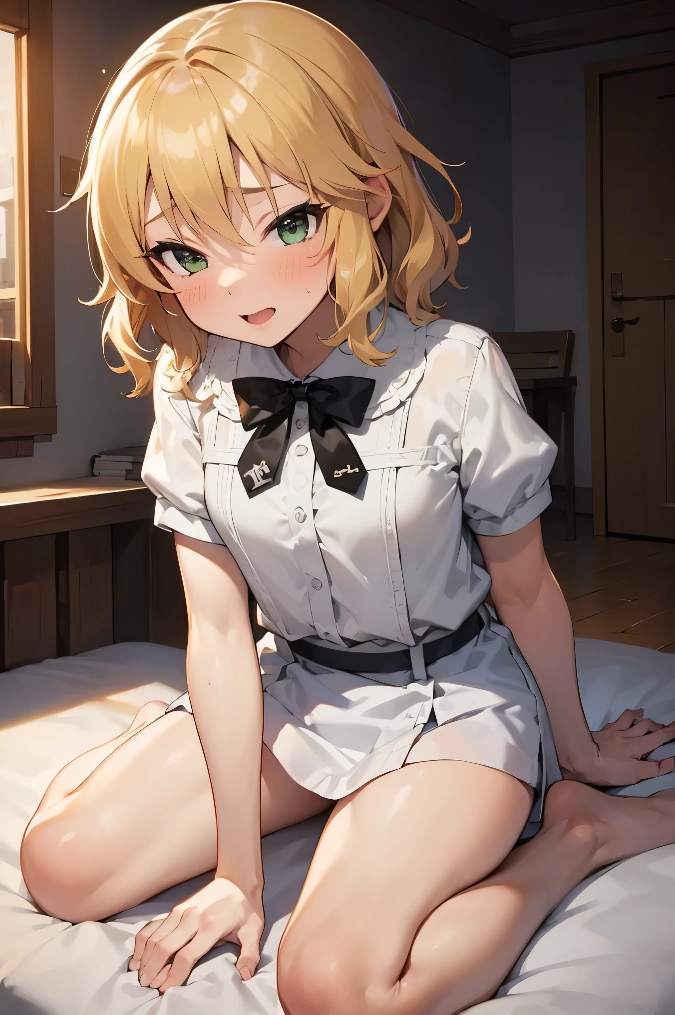 ((Solo Girl)),((Perfect body,))((so beautiful,))((high quality,)),In the bedroom,((Perfect body,))((so beautiful,))((high quality,))chest,collar,nswf Japanese,Cowboy Shot, ((Raisalin Stout,Atelier Ryza,Have,Hair Bow,Yellow blonde hair,Dark brown skin,White Blazer Uniform,Very short red pleated skirt,))Pleated skirts tHave are too short and expose underwear,(White sexy underwear,)(Heavy breathing,saliva, Sweat, Sweatをかいて全身が濡れている,)(Lift the hem of the skirt to show the crotch),smile,Close your mouth,