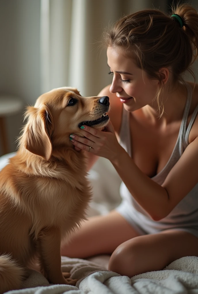 Woman having sex in bed with a dog