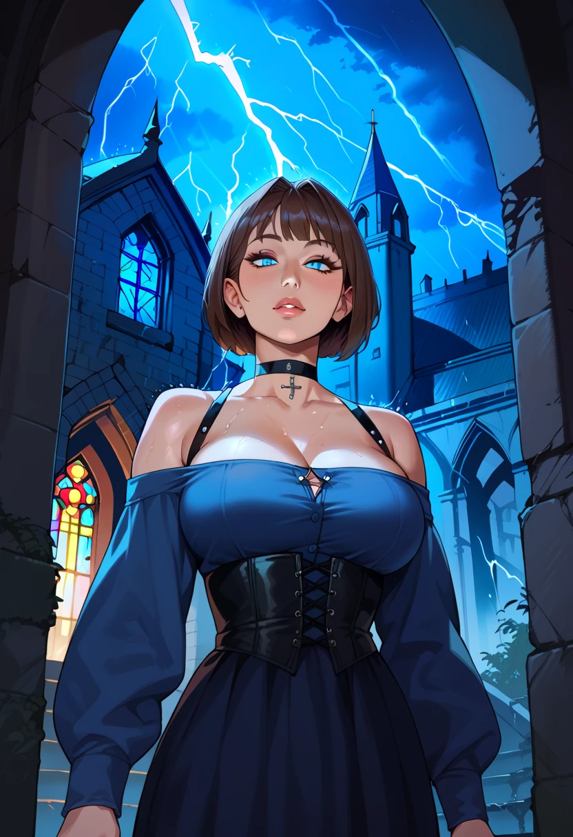 score_9, score_8_up, score_7_up, source_anime, 1woman, mature, human female, human, detailed face, jawline, smooth skin, beige skin, beautiful eyes, blue eyes, brunette, big breasts, bob cut hair, choker, shirt, exposed shoulders, blue shirt, black corset, long sleeves, puffy sleeves, dark blue skirt, gothic architecture, church, ruins, night, rain, storm, lightning,