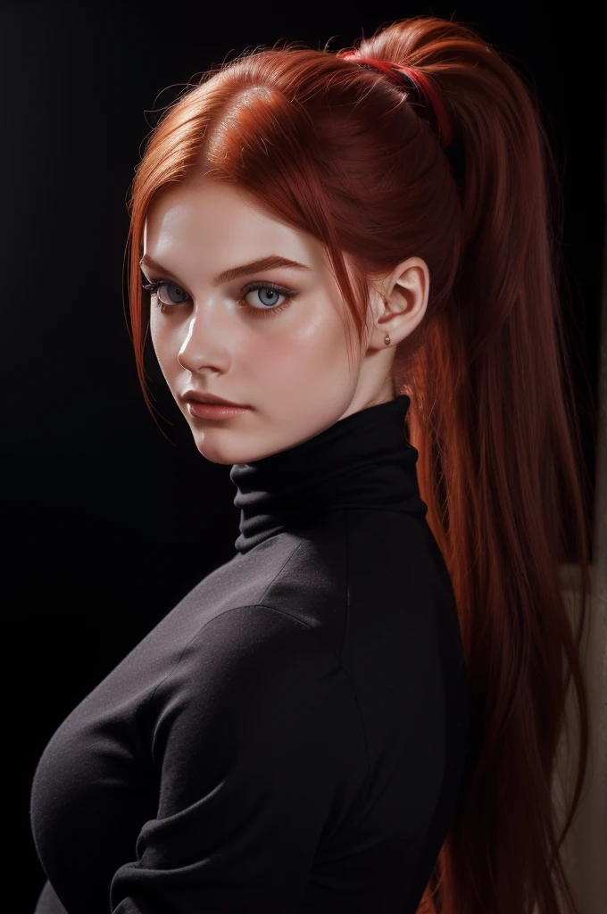 woman with ponytail,Auburn-red- hair, pale,soft body,eyeliner,portrait, wearing black turtleneck Caravaggio's paintings、Chiaroscuro of Caravaggio , simple background 