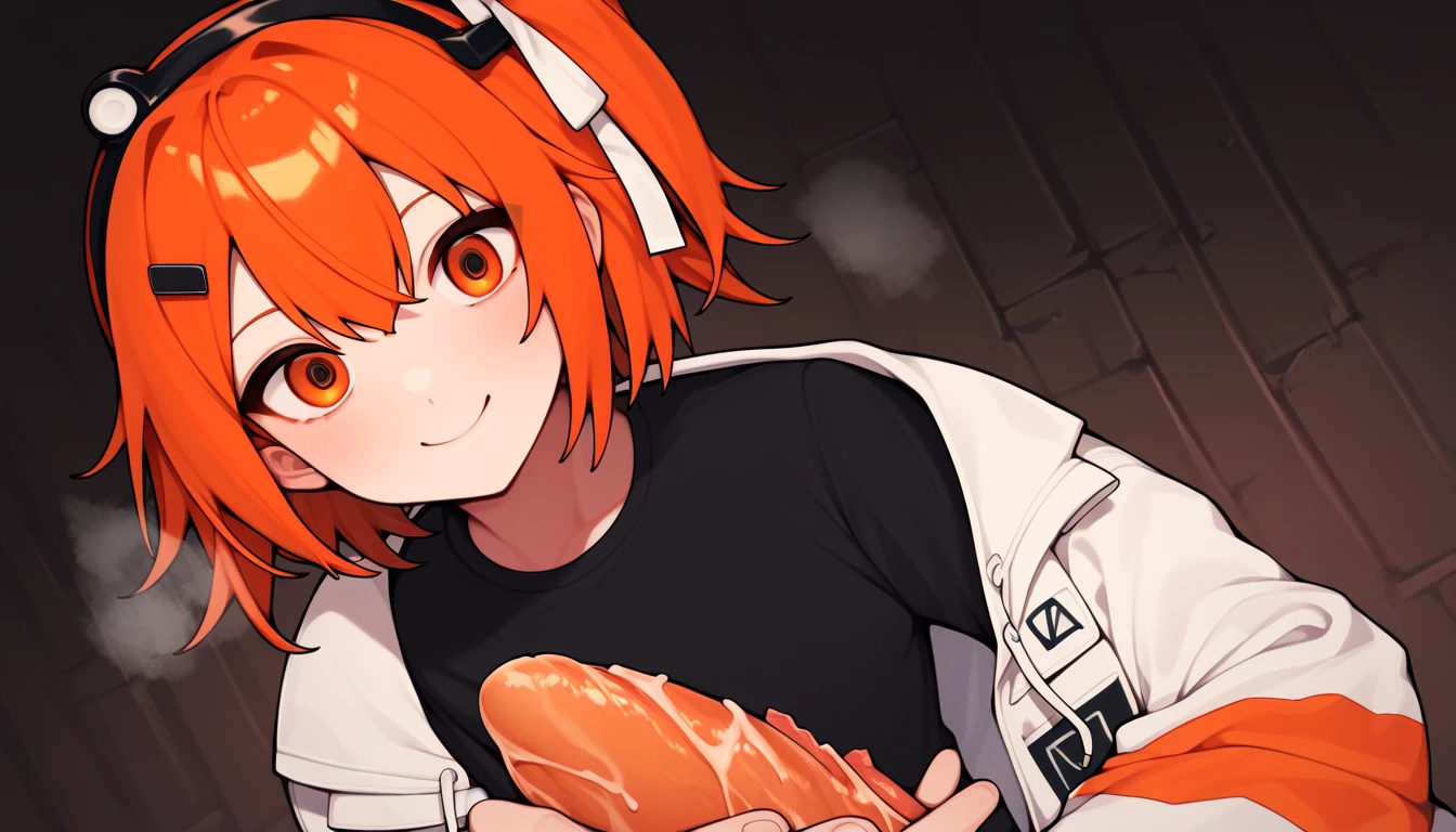 score_9, score_8_up, score_7_up, score_6_up, score_5_up, score_4_up,   source_Anime,   rating:In general,
break,funny face，smile，  High Contrast，ホカホカのFried Chicken ， holding  ，Fried Chicken ，  steam ，
 Adachi Rei,   orange hair,  orange eye , hair ribbon, headlamp  ,   medium hair, one side up,   orange hair，
looking at viewer,   black shirt  ,   white jacket, , indoor, graduate school,   robot  , circuit, Fried Chicken 