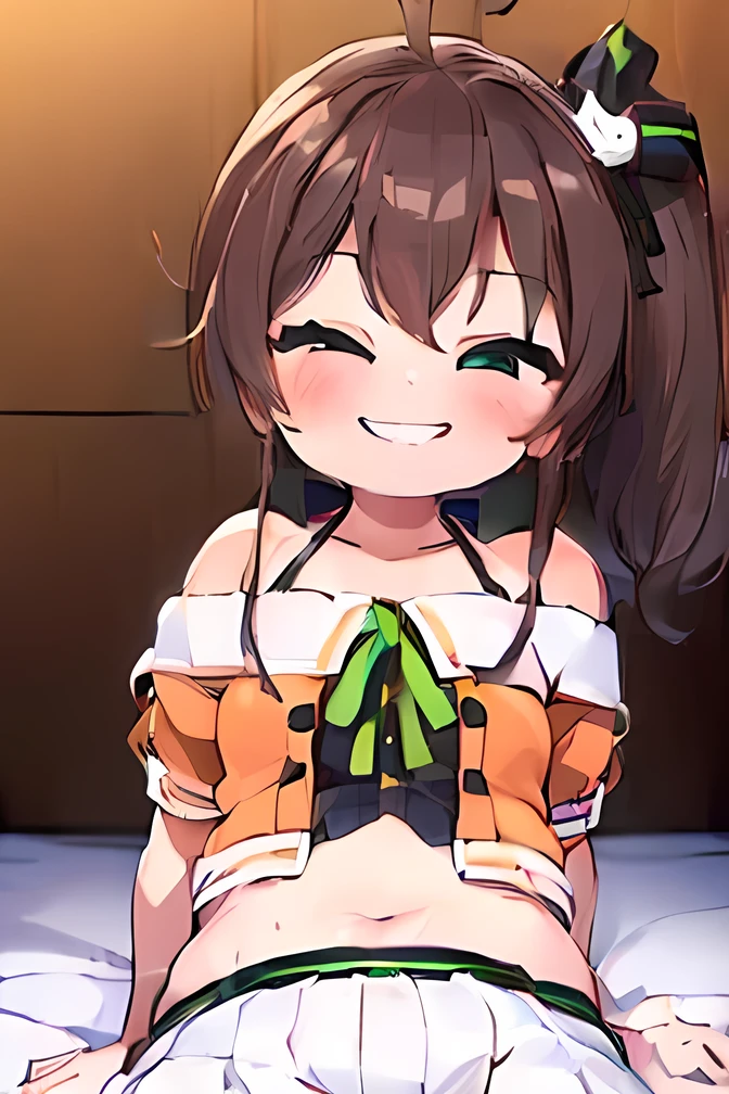 (((mesugaki smile:1.5))),(((  High Quality  ,  high definition  ,))),((( ADULT WOMEN ))),((( Natsuiro Matsuri))),((  side ponytail )),ribbon,belly button,Sitting in a bedroom with a normal height , red cheeks ,(( big smile)),( squinting),(Sweated a lot),