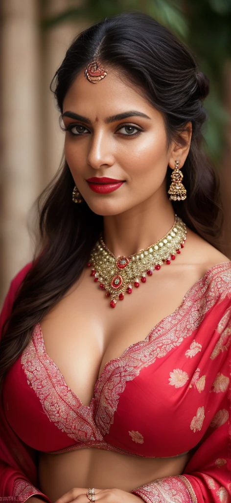 ((Full Open )) perfect pink eyes, fantastic face, Indian, beautiful look, ((red lips, bright eyes, curve heir 1.5)), ((beautiful details very big breast )), (Straight round and ultra huge clevage, not sagging breast), A glorious gorgeous, glorious gorgeous face, pretty face, bright eyes, detailed elegant printed red saree, updo elegant hair, blurred gray tones background, ultra focus, face ilumined, face detailed, 8k resolution, painted, dry brush, brush strokes, razumov style and garmash style, by Tokaito