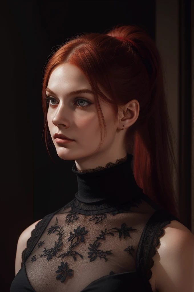 woman with ponytail,Auburn-red- hair, pale,soft body,eyeliner,portrait, wearing lace black dress turtleneck Caravaggio's paintings、Chiaroscuro of Caravaggio , simple background 