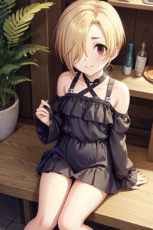 (((Shirasaka Koume,  blond hair,  hair covering one eye ,  short hair,  brown eyes,  flat chested))) ( Dominant Smile 、  sparkling eyes  , fine grain)、smile、 super detailed eyes、 VERY DETAILED FACE ,  high definition eyes , cowboy shot leading to the climax、
(masterpiece, 最 High Quality ,  High Quality ),
( 1 girl:1.3), Wearing a swimsuit、 showing legs and flat shoes、Anime girl sitting facing forward 。