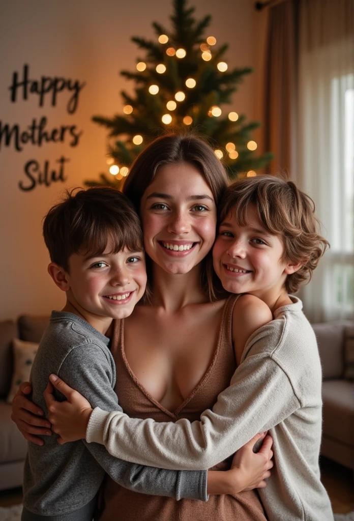 Heic portrait family photo young mum in lounge room in front of Christmas tree with aged ** school sons. Mum wearing low cut top. Writing on wall saying “HAPPY MOTHERS DAY SLUT”. Sons holding mum. All smiling 