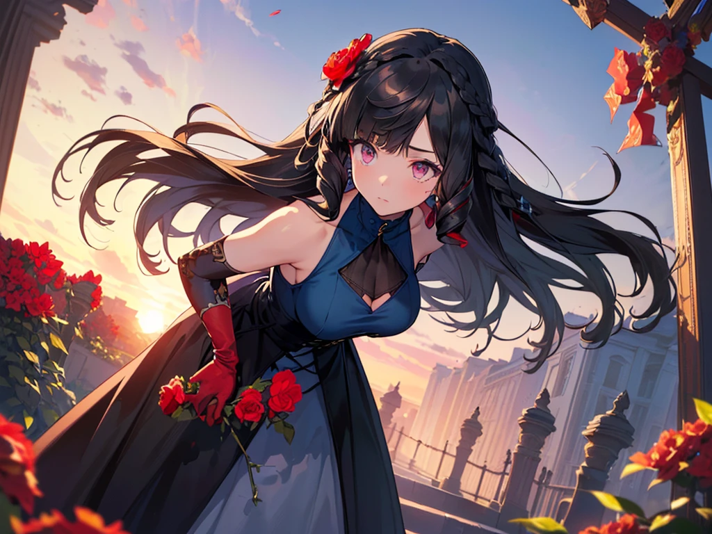 (solo girl, alone girl :2), (arms leaning forward to accentuate bust :2), (adorable expression), ((hair tied with a big blue ribbon))), (long black hair :2), (blue sleeveless high neck dress, opera gloves :2), ((lots of hair accessories))), (((teardrop shaped earrings))), (surrounded by lots of red flowers :2), (sunset sky, sunset, night sky, night breeze), (bust from the side), (((high resolution, masterpiece, accurate, anatomically correct, multiple awards, top quality, detailed, high quality, very detailed, ultra high resolution))).