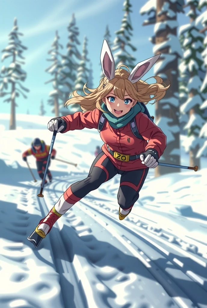 anime style, 1girl, anthropomorphic rabbit girl, Ski Sprint, cross country skiing, snowy_mountain, confidence, grace, red_ski_jacket, white_snow, contrast, weaving, trees, other_skiers, deliberate_movements, smooth_movements, practice, natural_talent, cold_wind, hair, focus, path_ahead, small_jump, bent_knees, lift, seamless_motion, soaring, excitement, joy, landing, slope, smile, , exhilaration, skiing, snowy_landscape, cute, winter_wonderland, determined