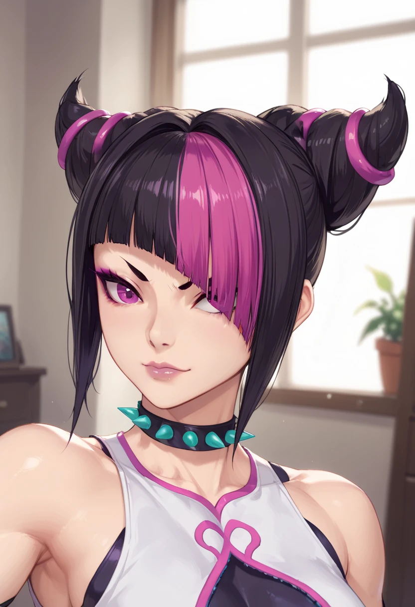 Juri Han from Street Fighter 6, Standing in the center of a dimly lit room is Juri. Her hair is styled into two large buns on either side of her head, with pink and purple streaks adding a pop of color to her dark locks. She looks directly at the camera, her expression serious but intriguing. She is dressed in an outfit that contrasts sharply with the muted tones of the room. The top half of her body is white, adorned with pink and purple accents that echo the colors of her hair. A choker around her neck adds a touch of elegance to her look. The background is blurred, drawing the focus to her, but it appears to be an indoor setting with large windows letting in natural light. The overall atmosphere suggests a scene from a video game or a stylized photograph.