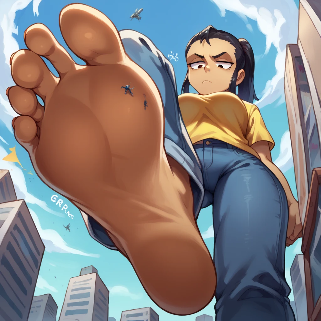 score_9, score_8_up, score_7_up, source_anime, BREAK pov: under giantess,Dark skin tone, black hair,jeans,Yellow lion shirt ,Ponytail hair,from below,Text: GigaTeam,city, stomp,bored face,barefoot,feet