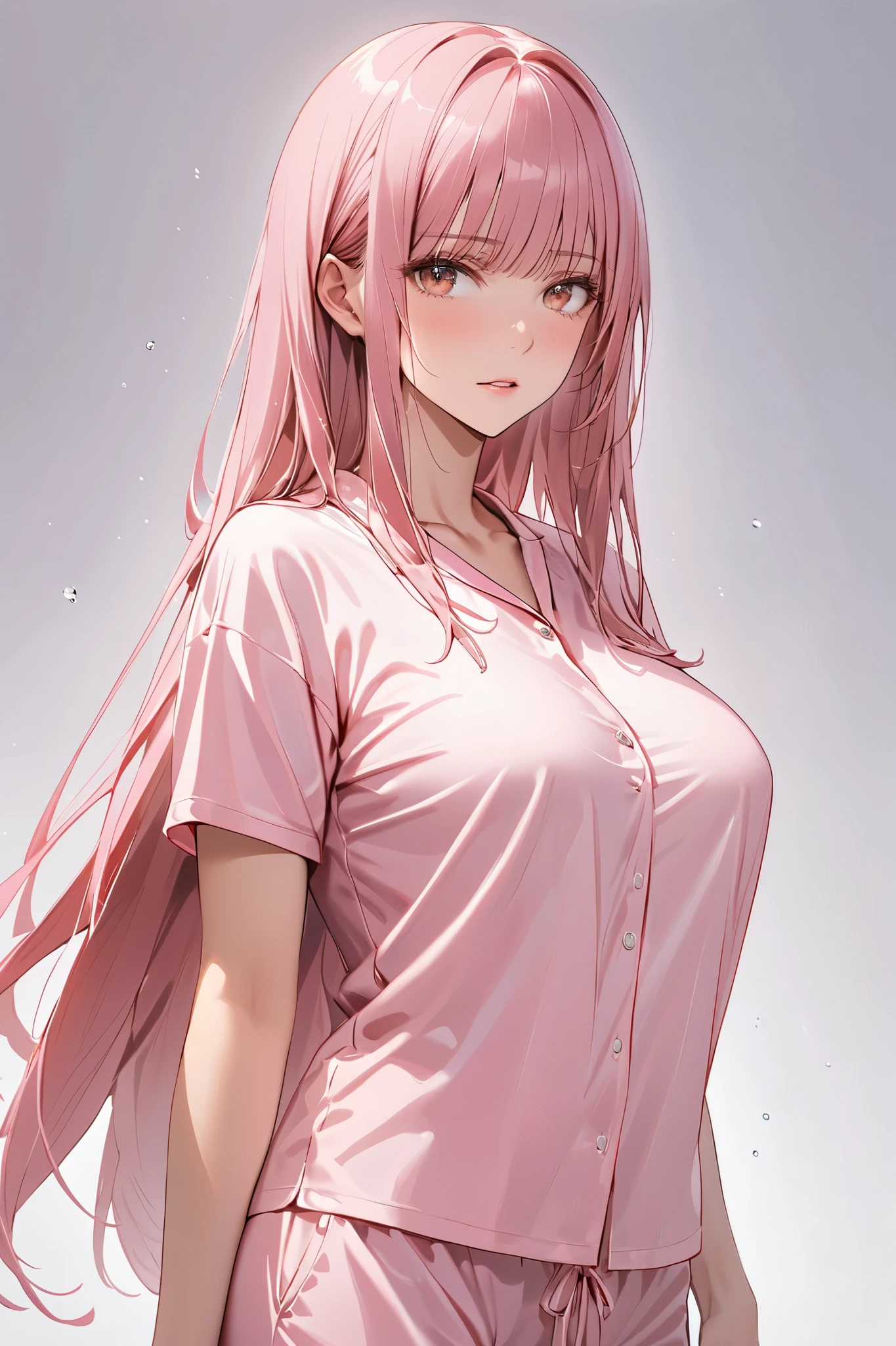 masterpiece:1.2,Best quality,Very detailed, Pink long hair,Green eyes,A standing anime girl,Sweating all over