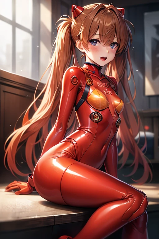 (( top quality)), ((masterpiece)), (be familiar with),  perfect face, indoor, bedroom, looking at the viewer,
One woman,  Soryu Asuka Langley ,
 open mouth,  ecstatic expression beside the piano, blush, smile,
 small tits,  flat chested, Young girl, Lori,  s,  girl,
 long hair,  twin tails,
Leg spread,