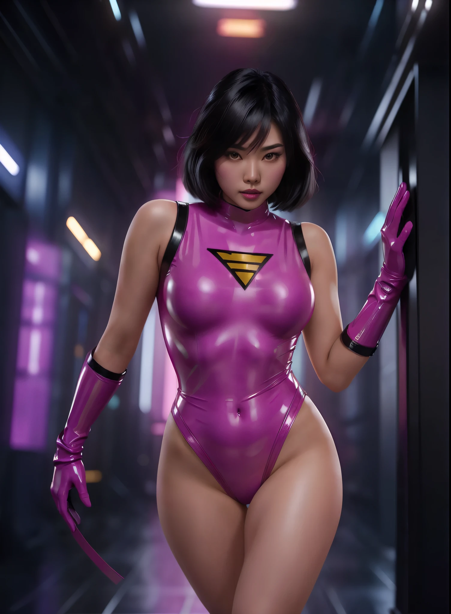 (solo) An asian female superhero with mid length black hair wearing a fuchsia latex costume. Facial closeup. Ultra realistic picture. 