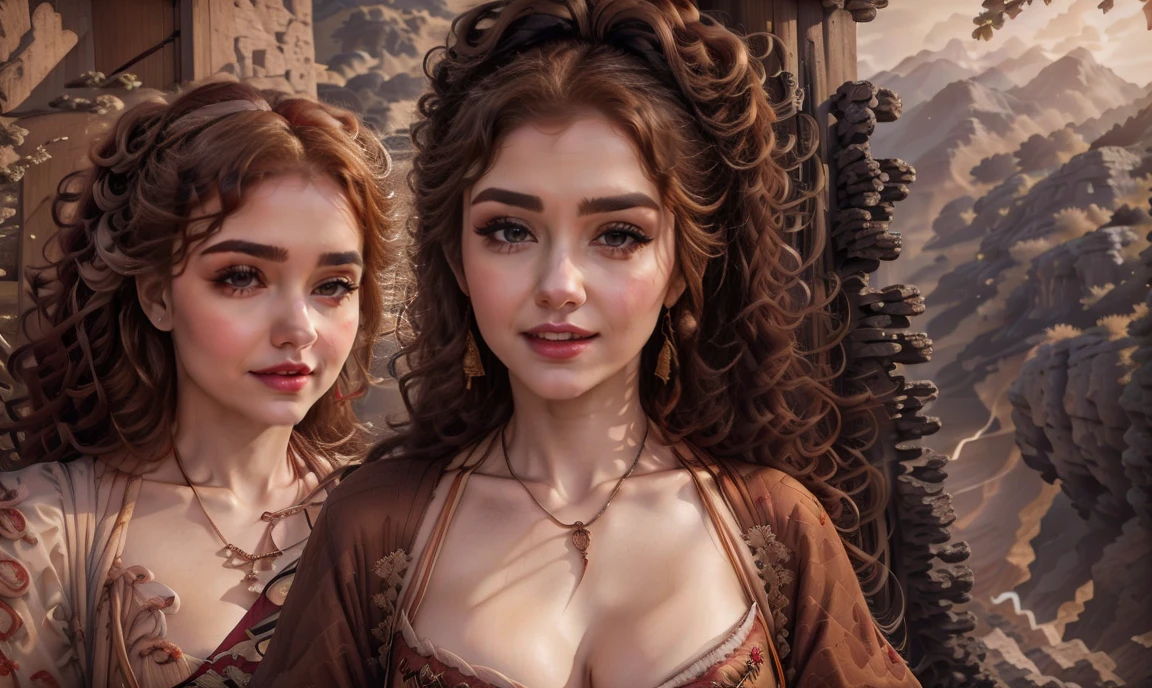 fantasy, realistic. close up. ((red-haired:1.5)), ((one classy stunning gorgeous female high-class bard:1.5)), ((light brown eyes:1.5)), ((happy smiling beautiful expression:1.5)), wearing expensive feminine clothing, carrying a lyre, ((looking straight ahead at the camera:1.5)), colorful village background.