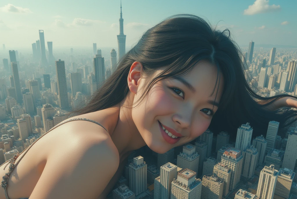 A woman with the supernatural power to fly、(Soaring above the big city:1.6)、(Hair blowing in the wind and clothes fluttering in the wind:1.0)、Charming smile、Distinctive and attractive costumes、Dynamic pose、Shot from a dynamic angle、mynatalee women 、 (highest quality、4k、8k、High resolution、masterpiece:1.2)、Super detailed、(Real、Photorealistic、Photorealistic:1.37)、HDR、Bright colors、Portrait、Sharp focus、Studio Lighting、anime、Bright colors