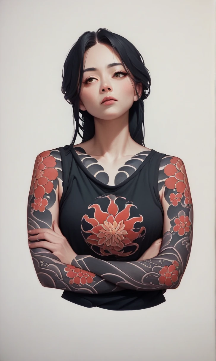 score_9, score_8_up, score_7_up, r1s0, 1girl, japanese girl, brown eyes, whole body tattoo, traditional japanese tattoo, detail face, black hair, charming girl, sweet face, black underarm sleeve t-shirt, beautiful eyes, face looking to the side