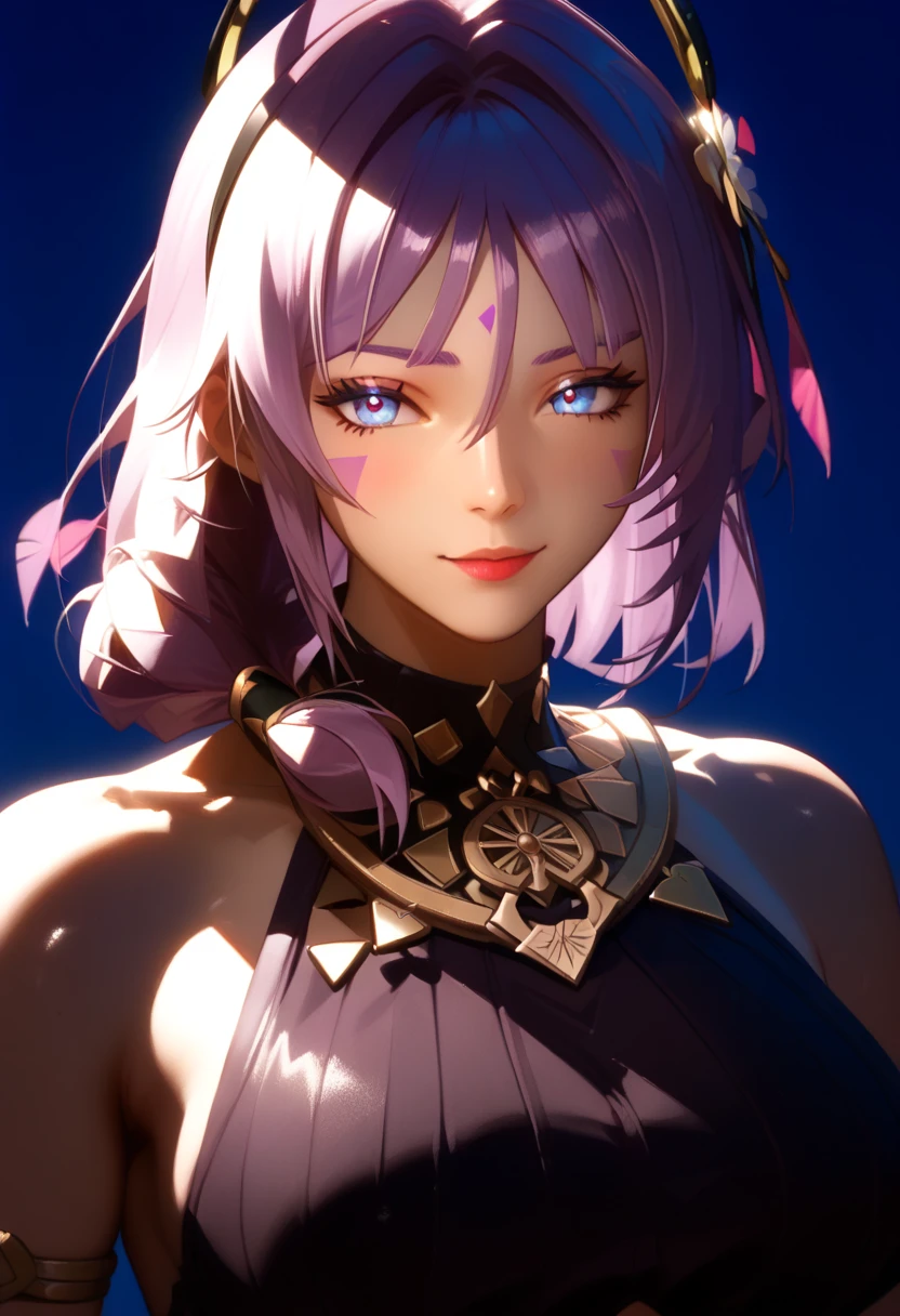 A mature woman in realistic portrait of high quality and detail, 50yo, age-related wrinkles on her face, mature older face, european, Citlali (genshin impact), She has long light pastel purple hair that turns into dark pastel pink and then dark purple. She has dark blue eyes that turn blue. She wears a black sleeveless leotard with a diamond-shaped window on her chest, revealing her back, and a purple-pink fabric acting as a mini skirt, held at the hip by a purple-pink ribbon. She also wears black, blue and pink jewelry around her neck, two black circles with purple feather decorations on the sides of her head, and black fingerless gloves of two different lengths: her left glove stretches from shoulder to hand. On the contrary, her right glove covers only her hand. Sitlali wears a large number of gold bracelets and black gladiator sandals. Her face, arms and legs are painted with pastel purple triangles, which may be tattoos. It is unclear whether these are tattoos or just drawings on the body. In addition, her fingers and toes are covered with purple nail polish. beautiful pink makeup, glow, eye shadow, 1girl, Depth & Perspective, fine face, She stands on the stone, outdoors, canyons on background, day time, looking at viewer, (ultra-high detail:1.2), Masterpiece, Best Quality, Ultra-detailed, Cinematic lighting, 8K, delicate features, cinematic, 35 mm lens, f/1.9, highlight lighting, global lighting –uplight –v 4, cinematic, Cinematic lighting, 8K, high quality, Highest Quality, (Solo Focus), (extremly intricate:1.3), (Realistic), masterful, Analog style, (Film grain:1.5), (cold tone), Shiny Skin NSFW