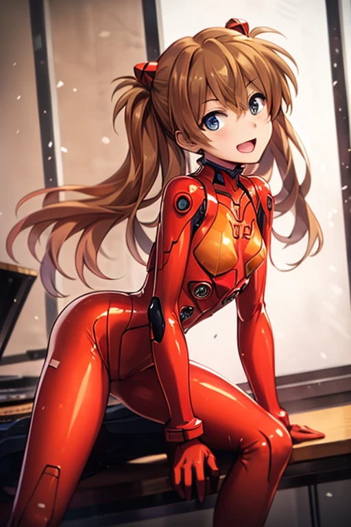 (( top quality)), ((masterpiece)), (be familiar with),  perfect face, indoor, bedroom, looking at the viewer,
One woman,  Soryu Asuka Langley ,
 open mouth,  ecstatic expression beside the piano, blush, smile,
 small tits,  flat chested, Young girl, Lori,  s,  girl,
 long hair,  twin tails,
Leg spread,