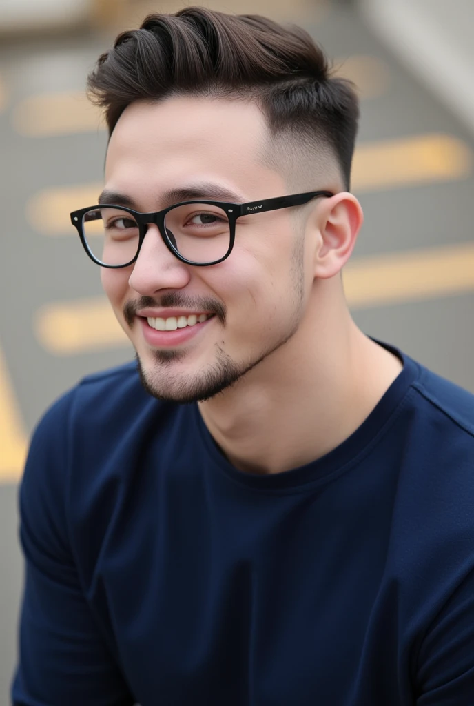 A close up shot of a handsome athletic 25 year old guy smiling and looking at the camera with glasses, ivy league haircut, with a clean shaven goatee, wearing a dark blue long sleeved shirt, with his body slightly tilted