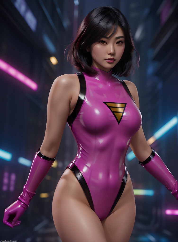 (solo) An asian female superhero with mid length black hair wearing a fuchsia latex costume. Facial closeup. Head shot. Ultra realistic picture. 