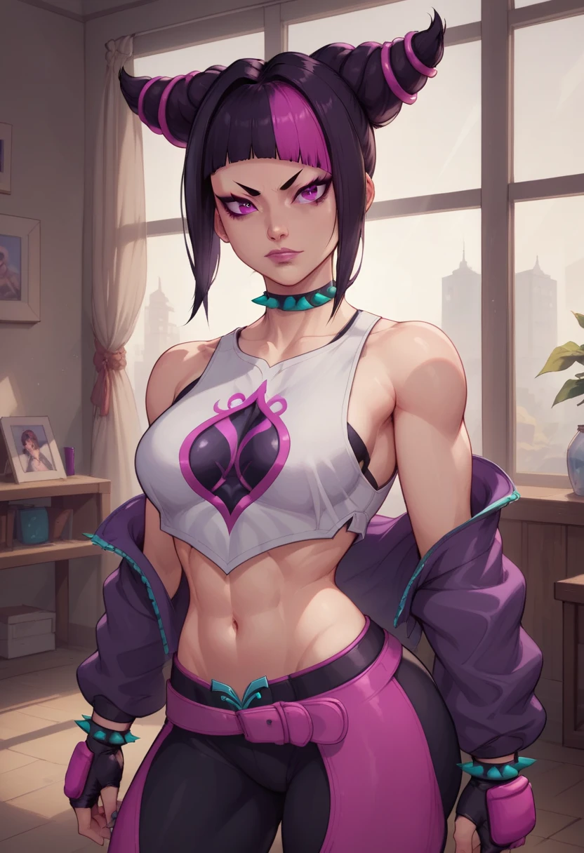 Juri Han from Street Fighter 6, Standing in the center of a dimly lit room is Juri. Her hair is styled into two large buns on either side of her head, with pink and purple streaks adding a pop of color to her dark locks. She looks directly at the camera, her expression serious but intriguing. She is dressed in an outfit that contrasts sharply with the muted tones of the room. The top half of her body is white, adorned with pink and purple accents that echo the colors of her hair. A choker around her neck adds a touch of elegance to her look. The background is blurred, drawing the focus to her, but it appears to be an indoor setting with large windows letting in natural light. The overall atmosphere suggests a scene from a video game or a stylized photograph.