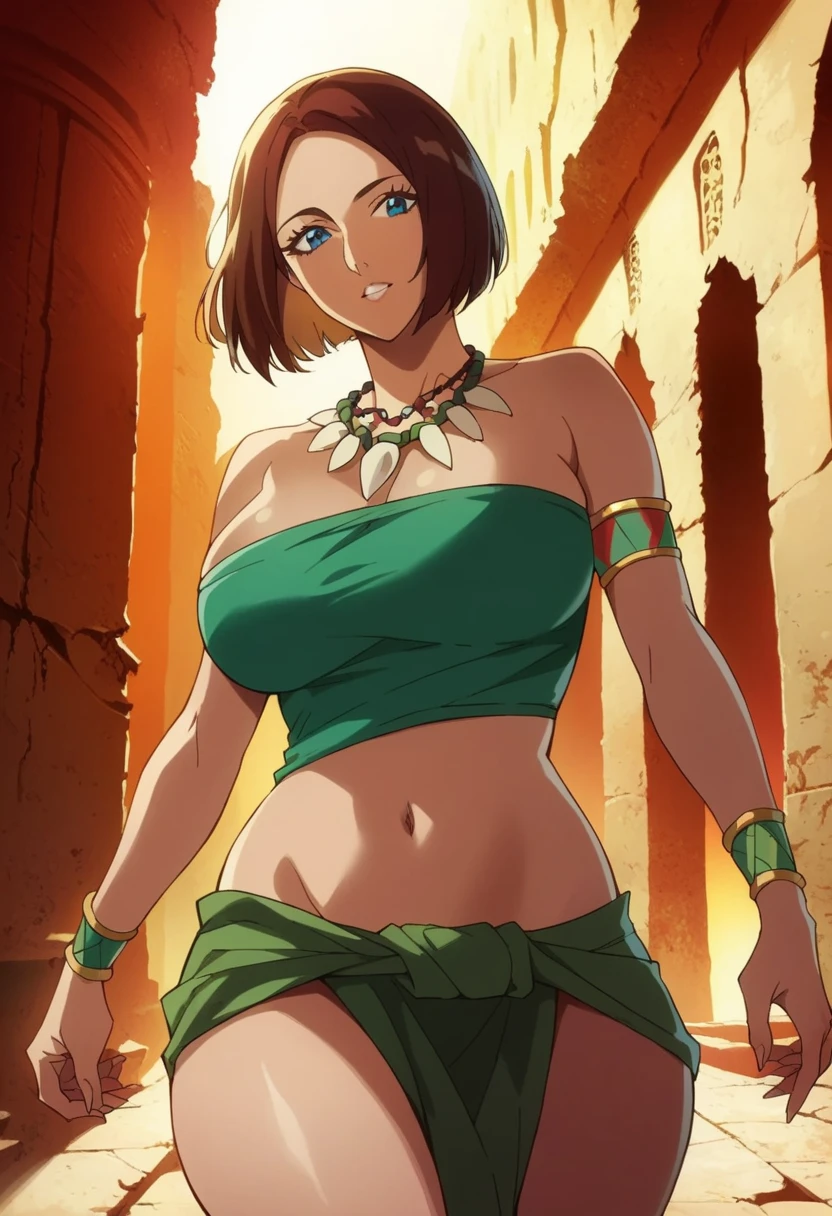 1 girl, solo, TARANEE, w.i.t.c.h, navy blue hair, brown eyes, dark brown skin, spikey hair, short hair, medium breast, dynamic pose, sexy, look at viewer, seductive, harem-clothes, outside, nature, loin cloth, harem, choker, blush