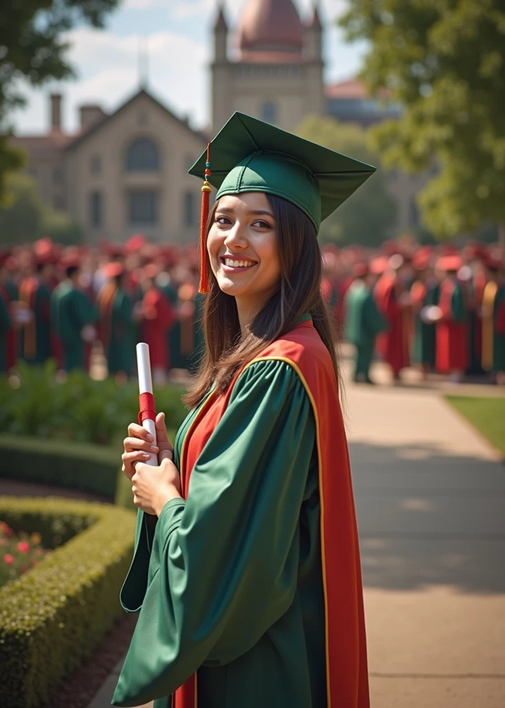 a green graduation stole with gold edges 