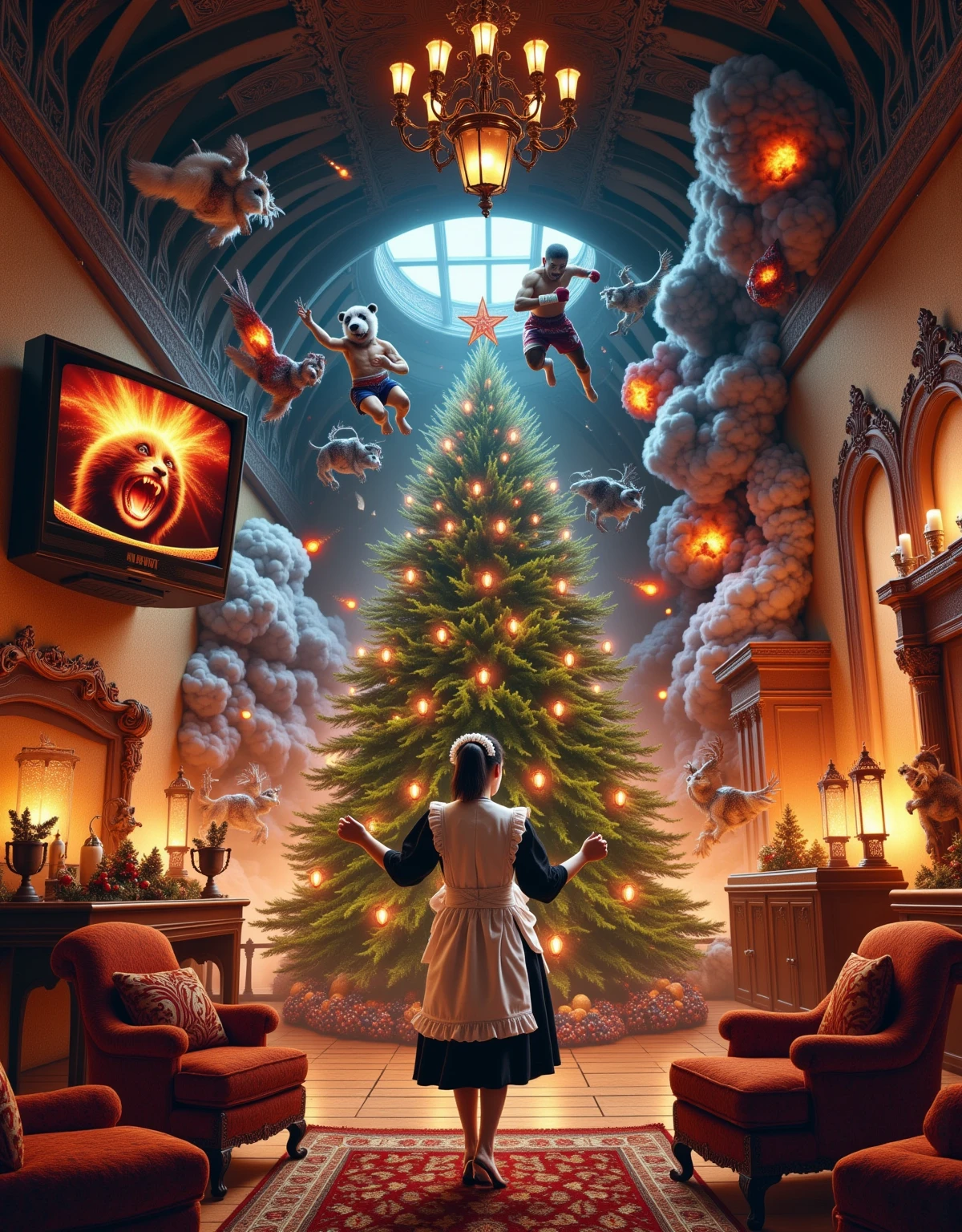 ultra-realistic, photorealistic, dramatic scene, shadow, global-illumination, solo, (a beautiful Japanese maid girl is decorating a Christmas tree in a antique room of the old European castle), cute colored maid costume, gorgeously antique furnishings, gorgeously decorated with Christmas decoration in the room, the large vintage TV displays\(Muay Thai fighter vs. terrifying man-eating panda, there are the shouting Muay Thai fighter and terrifying panda with fang, volcano, thunder, giant meteorite, galaxy, blackhole, missile, explosion, Muay Thai fighter shows extremely painful expressions\), bright ceiling lighting in the room, peaceful sunny day, she is looking back and showing a gentle smile, dynamic angle, flying terrifying panda