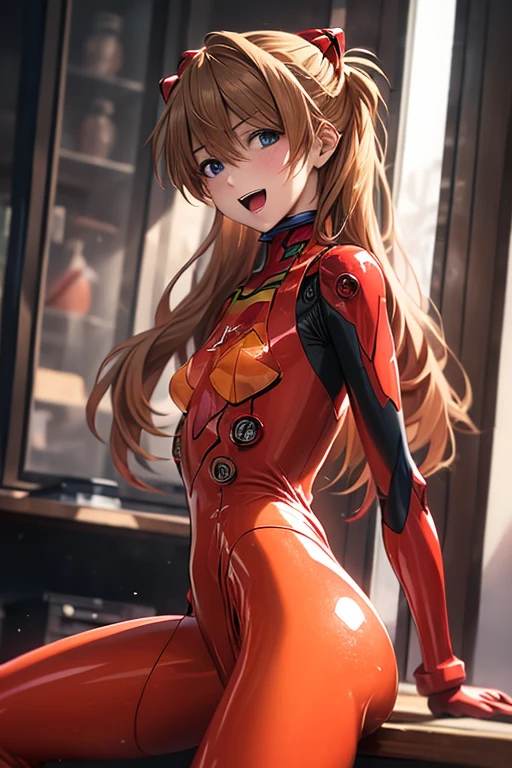 (( top quality)), ((masterpiece)), (be familiar with),  perfect face, indoor, bedroom, looking at the viewer,
One woman,  Soryu Asuka Langley ,
 open mouth,  ecstatic expression beside the piano, blush, smile,
 small tits,  flat chested, Young girl, Lori,  s,  girl,
 long hair,  twin tails,
Leg spread,