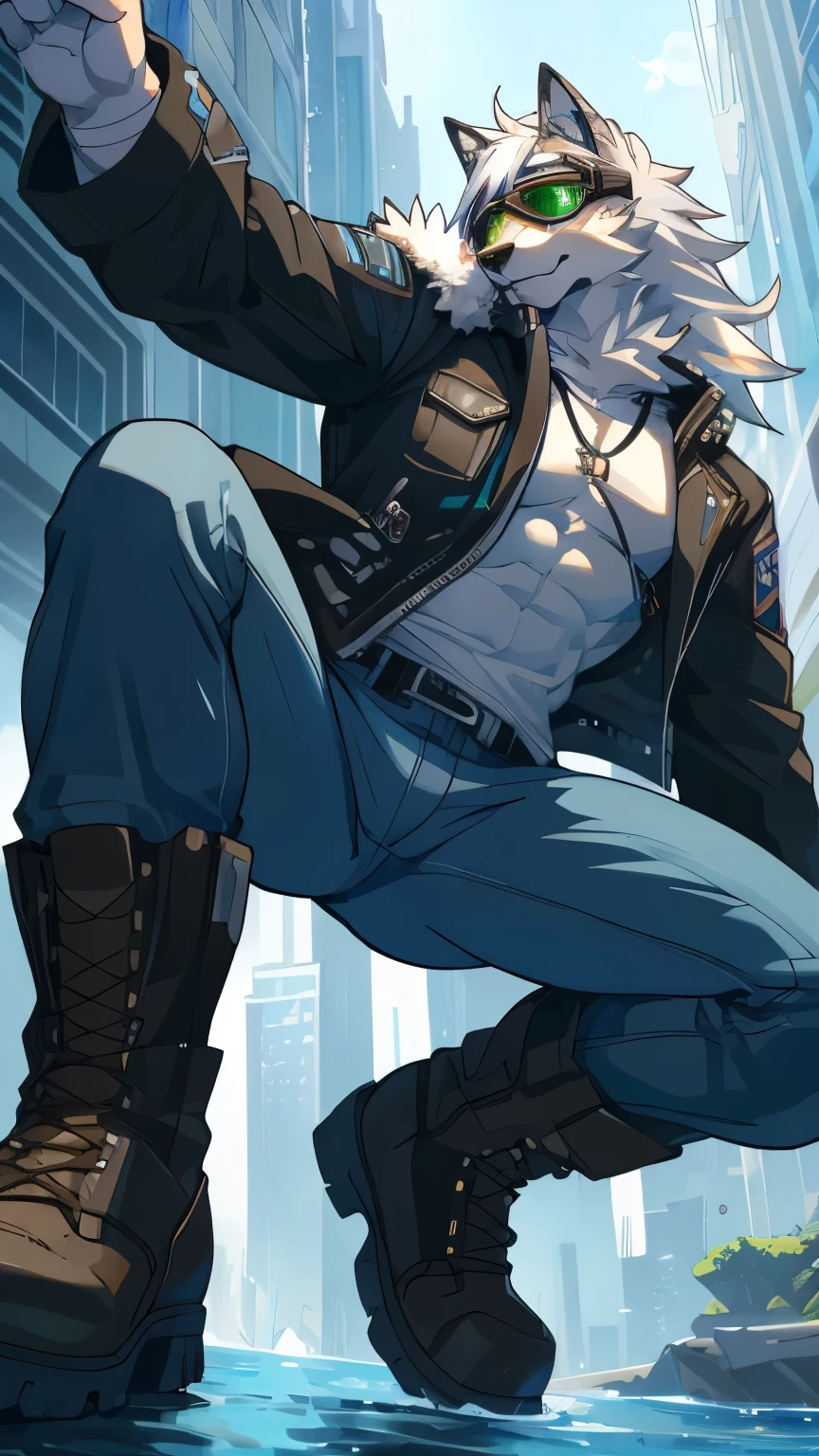  furry,male,jeans,white hair,cyberpunk background,dressed all over the body,adult, cyberpunk, Green Eyes , with goggles ,Smart, white fur ,man,handsome,gracilis muscle,ultra- Detailed Fur ,whole body,Wolf Body ,boots,jacket,Dazzling colors,male,wallpaper, "masterpiece", " are of the best quality", Grade Hellogh Resolution), " Water Saving Beautiful ", Lili  detailed facial under panties),  Fluttering Details Splash  "Detailed " ((masterpiece)), ( are of the best quality)), ( Super Quality ), ((insert)),  dynamic angle ( Artwork VJ1 .2), (Hello) This isn't ridiculous : 1.2),  Perfect Anatomy ,  Correct Anatomy ,  detailed facial under panties,  delicate eyes  ( Straightened Hair ,  Detailed Fur : 1.25),  detailed background,  Stunning Background .