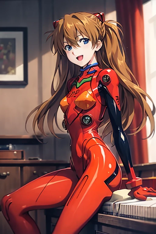 (( top quality)), ((masterpiece)), (be familiar with),  perfect face, indoor, bedroom, looking at the viewer,
One woman,  Soryu Asuka Langley ,
 open mouth,  ecstatic expression beside the piano, blush, smile,
 small tits,  flat chested, Young girl, Lori,  s,  girl,
 long hair,  twin tails,
Leg spread,