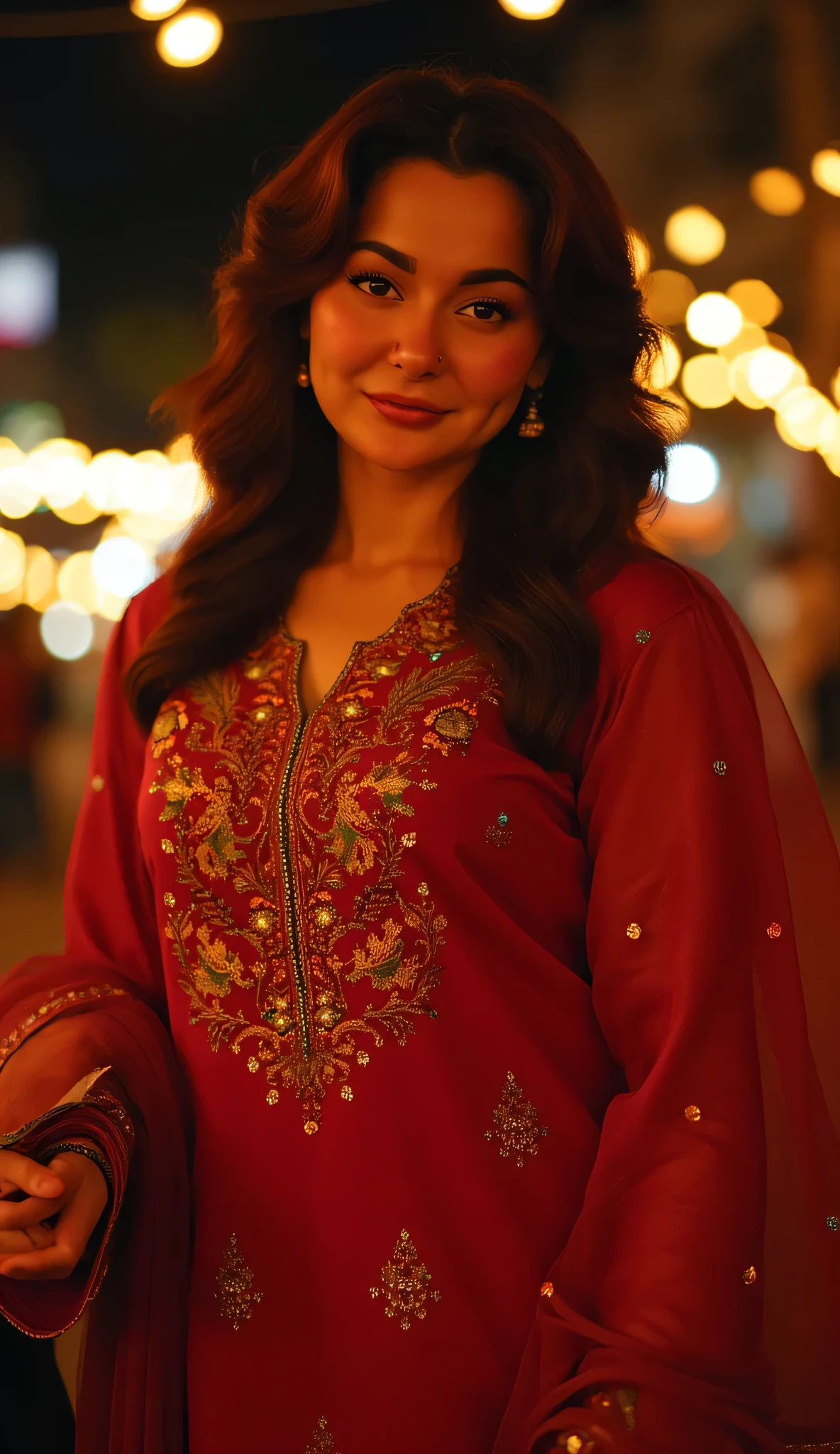 busty Hania Amir in desi attire, hot & cleavage, shalwar kameez,punjabi satin suit, night time in Lahore, 