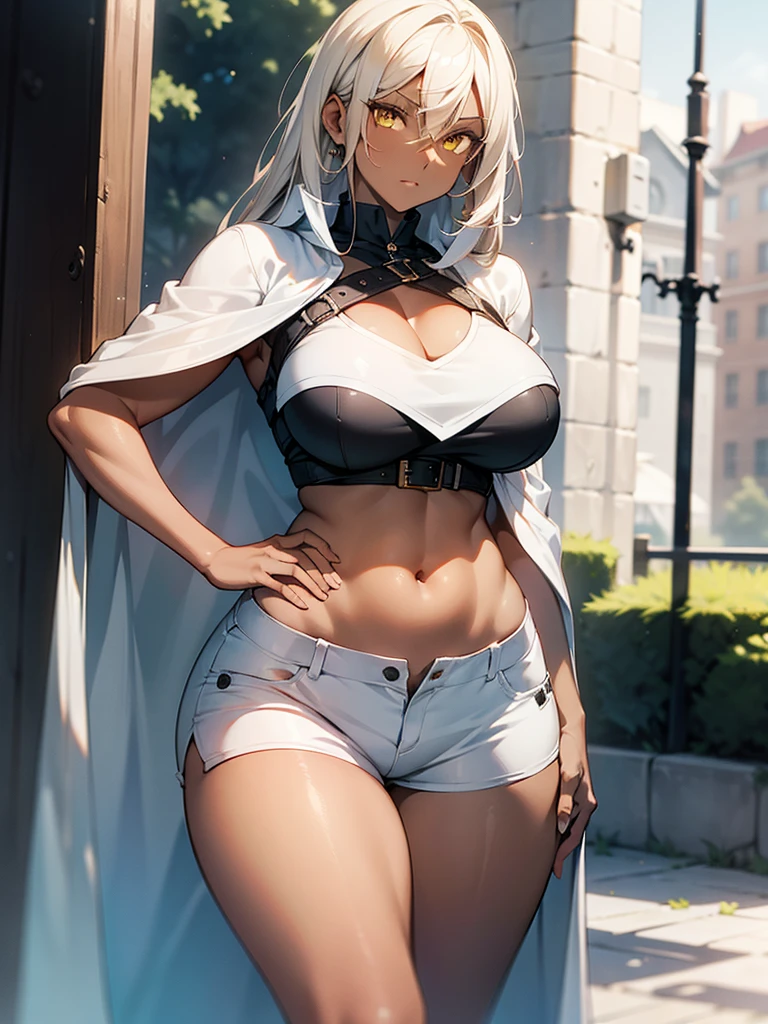 (​masterpiece、top-quality、hight resolution、Unity 8k、extremely details CG:1,Best Picture), 1girl, Grey hair, yellow eyes,((((dark skin)))), Emphasis on cleavage, "A glamorous woman with a curvy body, featuring large breasts, a normal-sized waist, and wide hips, wearing stylish casual clothing. She has a confident and alluring expression, as if posing for a photoshoot. Her outfit includes a snug-fitting top that subtly highlights her figure and well-fitted jeans or a skirt that accentuates her hips. She is standing in a relaxed pose with one hand on her hip and the other slightly raised, giving off an approachable yet sensual vibe. The background is softly lit, enhancing her natural beauty, with a hint of outdoor or urban scenery."