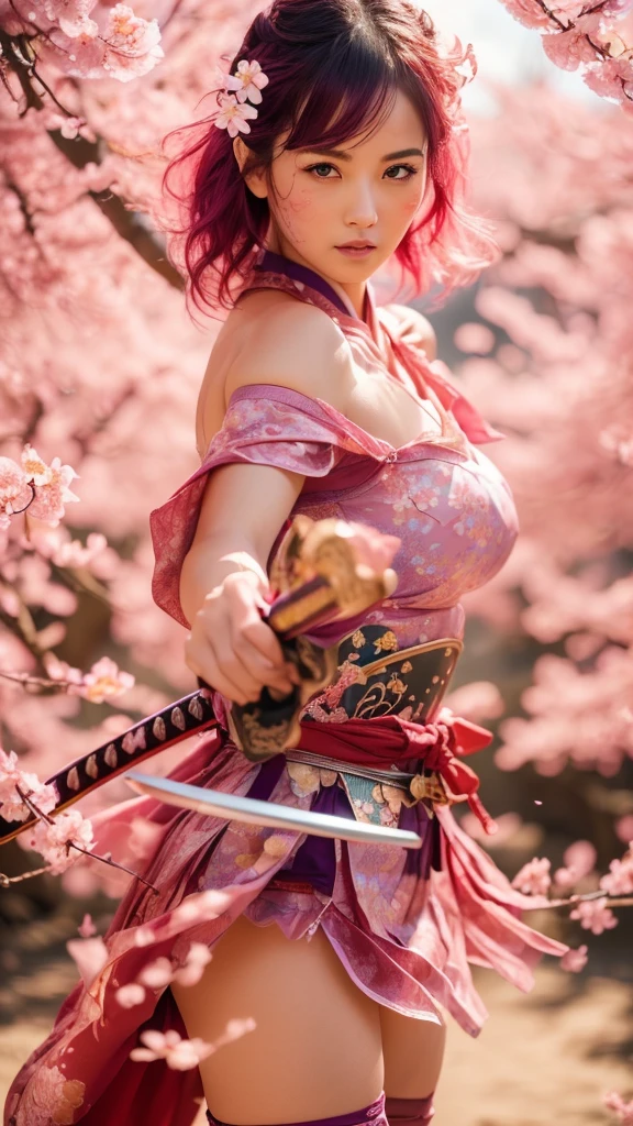 (RAW shooting,  Photorealistic:1.5, 8k,  top quality, masterpiece,  super high resolution 、 Fighting Bose:1. 8、 battlefield、(((  battles burning everywhere :1.3)))、(((fighting stance)))、(((fighting pose)))、Highly Detailed Skin and Face Textures :1.2,  ((( holding sword))),  beautifully refined :1.2,  SEXY BEAUTY ,  perfect style, belief,   white skin,  very beautiful face , (Big Breasts, Chest gap), Perfect means, perfect hand,   perfect leg、( Sexy Warrior Battle Wearing Armor  :1.2,  Off Shoulder:1.1)、 ( beautiful blue eyes、 Beautiful Eros Eyes :0.8)、 (Overly sensual:0.9,  seductive :0.9)、nsfw、((realistic))、((very short hair))、((Hot pink hair ))、((toned body))、(glistening skin)、 toned body、((huge breasts))、Big Breasts、 plump thighs、 red armor with a plum blossom pattern engraved on it 、(  wearing a plum blossom patterned cape )、(chiffon skirt)、Red shin guard with plum blossom engraved on it 、 red high-leg underwear 、 pink tights that make you have huge breasts、 absolute domain、(holding spear)、Dramatic lighting、((Clear Sky Thunderbolt))、((Plum blossoms are dancing ))、(( Plum blossoms in full bloom in the background ))、(( Large plum blossoms in full bloom on the front ))、 cinema-like scene 、 Max Image、 Ultra High Definition、8k、masterpiece、crisp quality、