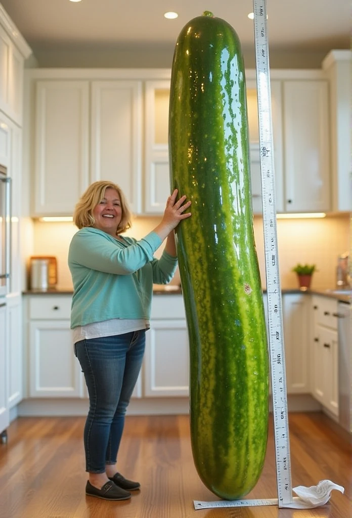 ((masterpiece)) ((photography)) ((Highest quality)) A tiny shrunked blonde 40-year-old woman with light overweight, standing next to a giant pickle twice her size. She holds a measuring tape, measuring the pickle’s height, with a mischievous smile on her lips. The scene is playful and brightly lit, emphasizing the whimsical size difference, with the pickle standing upright like a proud monument.  background a giant kitchen