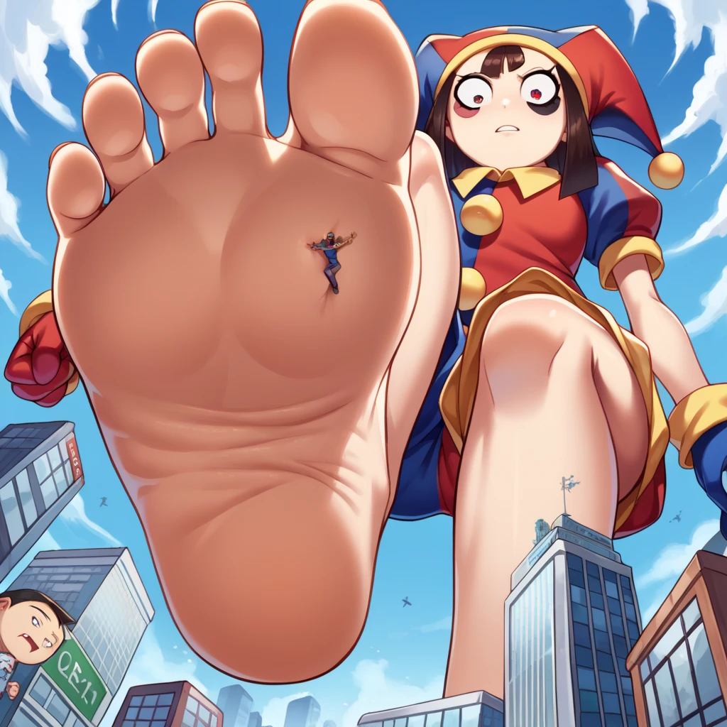 score_9, score_8_acima, score_7_acima, source_anime, QUEBRA pov: sob a giantess,pés,descalço,_acima, 1 , Sozinho, jenny, pele branca, juntas, android, top azul cropped, saiao,from below,único,pés white,2girl,2 giantess,score_9, score_8_up, score_7_up, source_anime, BREAK pov: under giantess,1girl,Pomni,jester cap, gloves, puffy short sleeves, red eyes and blue eyes, striped,from below,stomp,barefoot,soles,city,building,feet white