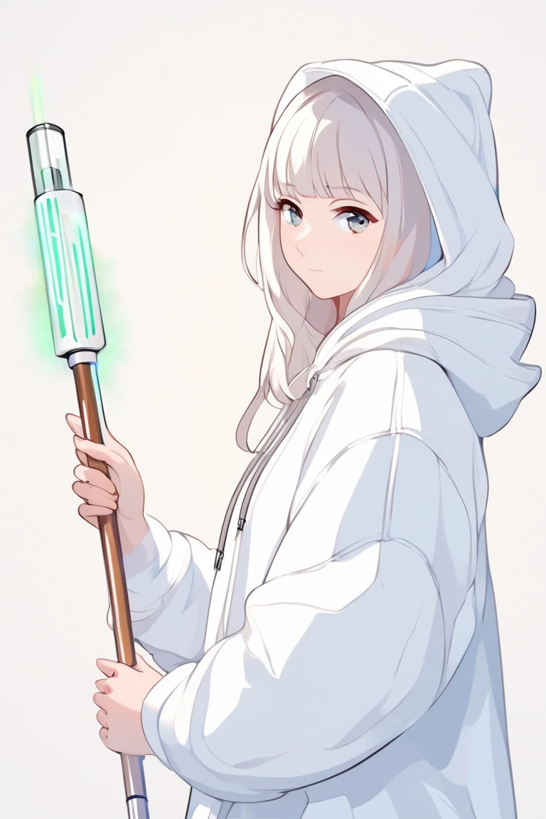 woman with a white hoodie , Showing strength, can, Feminine Charm, Delicacy,  in her hands a signal stick, Hand drawing style, 