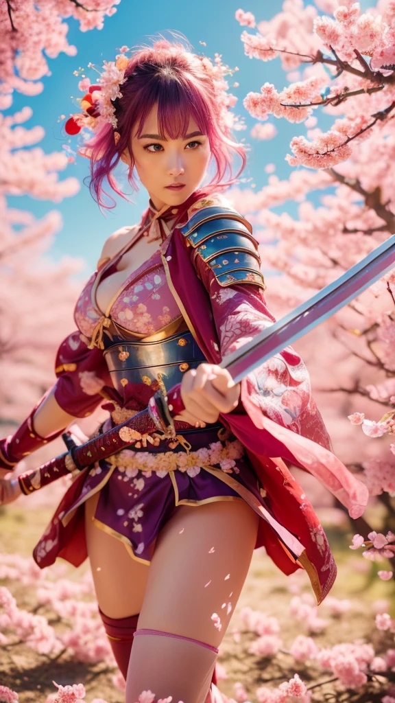 (RAW shooting,  Photorealistic:1.5, 8k,  top quality, masterpiece,  super high resolution 、 Fighting Bose:1. 8、 battlefield、(((  battles burning everywhere :1.3)))、(((fighting stance)))、(((fighting pose)))、Highly Detailed Skin and Face Textures :1.2,  ((( holding sword))),  beautifully refined :1.2,  SEXY BEAUTY ,  perfect style, belief,   white skin,  very beautiful face , (Big Breasts, Chest gap), Perfect means, perfect hand,   perfect leg、( Sexy Warrior Battle Wearing Armor  :1.2,  Off Shoulder:1.1)、 ( beautiful blue eyes、 Beautiful Eros Eyes :0.8)、 (Overly sensual:0.9,  seductive :0.9)、nsfw、((realistic))、((very short hair))、((Hot pink hair ))、((toned body))、(glistening skin)、 toned body、((huge breasts))、Big Breasts、 plump thighs、 red armor with a plum blossom pattern engraved on it 、(  wearing a plum blossom patterned cape )、(chiffon skirt)、Red shin guard with plum blossom engraved on it 、 red high-leg underwear 、 pink tights that make you have huge breasts、 absolute domain、(holding spear)、Dramatic lighting、((Clear Sky Thunderbolt))、((Plum blossoms are dancing ))、(( Plum blossoms in full bloom in the background ))、(( Large plum blossoms in full bloom on the front ))、 cinema-like scene 、 Max Image、 Ultra High Definition、8k、masterpiece、crisp quality、