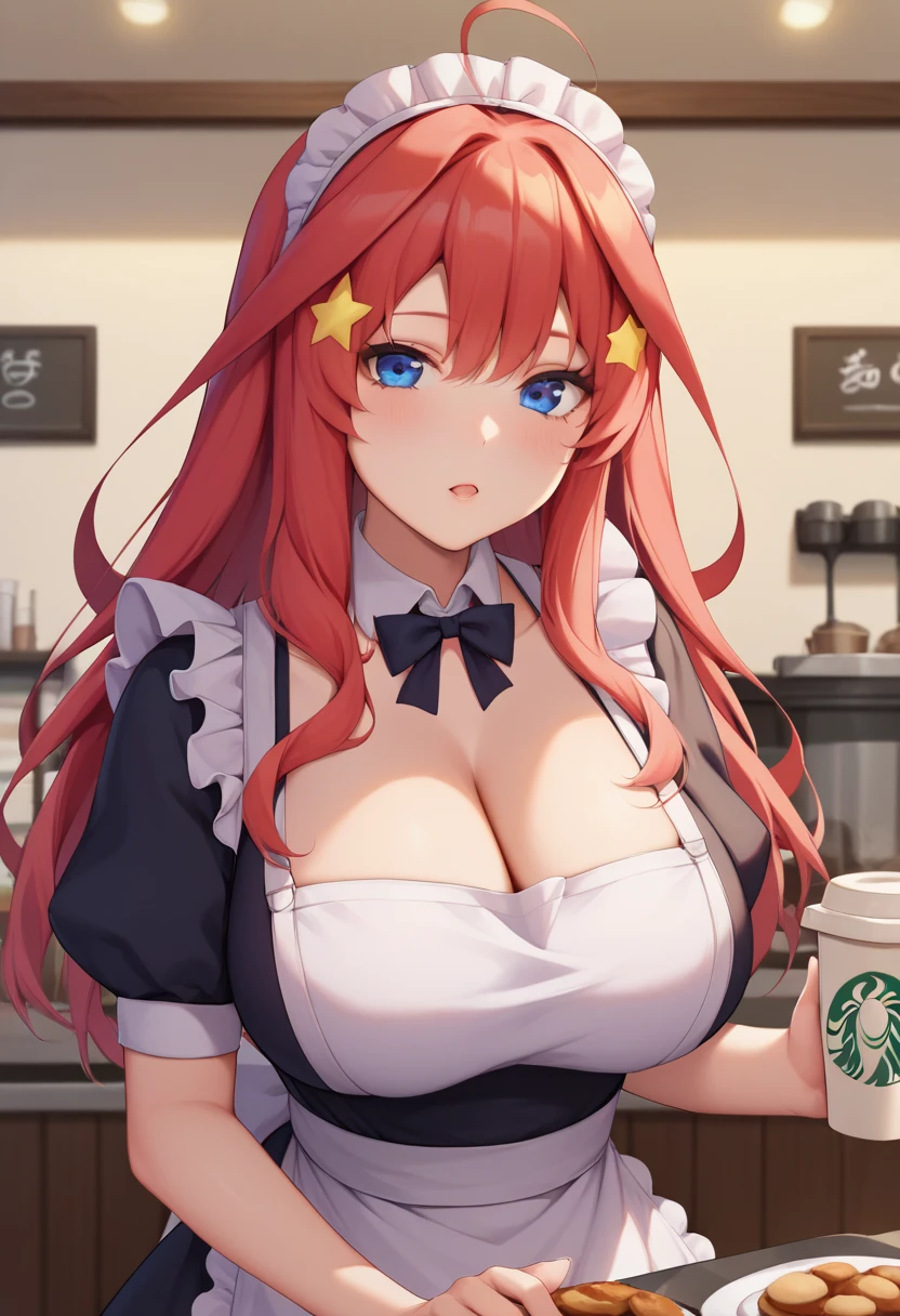 itsuki nakano, bangs, blue eyes, hair between eyes, ahoge, red hair, star \(symbol\), hair ornament, star hair ornament,face forward、 huge breasts、valley、Exposed chest、Shoulders exposed、coffee shop、whole body,maid, maid apron, maid headdress, puffy sleeves