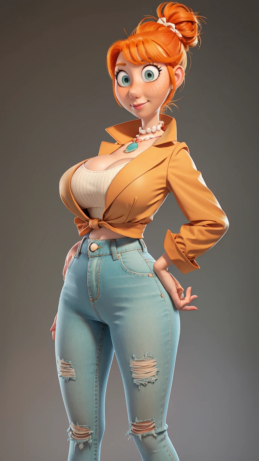 1 girl, Orange hair in a bun, green eyes, slight smile, freckles on the cheeks, thin eyebrows, white necklace with a bow, Teal Jacket, pale skin, standing, Cartoon, (pixar:1.2), Lucy Wilde, long nose, hits, tight short jeans,Full body view, wide hips, huge breasts, fitted top, camel toe, big breasts, huge breasts, camel toe, wide hips