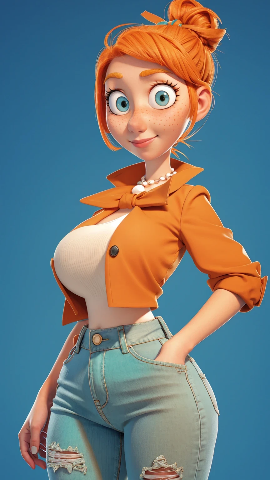 1 girl, Orange hair in a bun, green eyes, slight smile, freckles on the cheeks, thin eyebrows, white necklace with a bow, Teal Jacket, pale skin, standing, Cartoon, (pixar:1.2), Lucy Wilde, long nose, hits, tight short jeans,Full body view, wide hips, huge breasts, fitted top, camel toe, big breasts, huge breasts, camel toe, wide hips