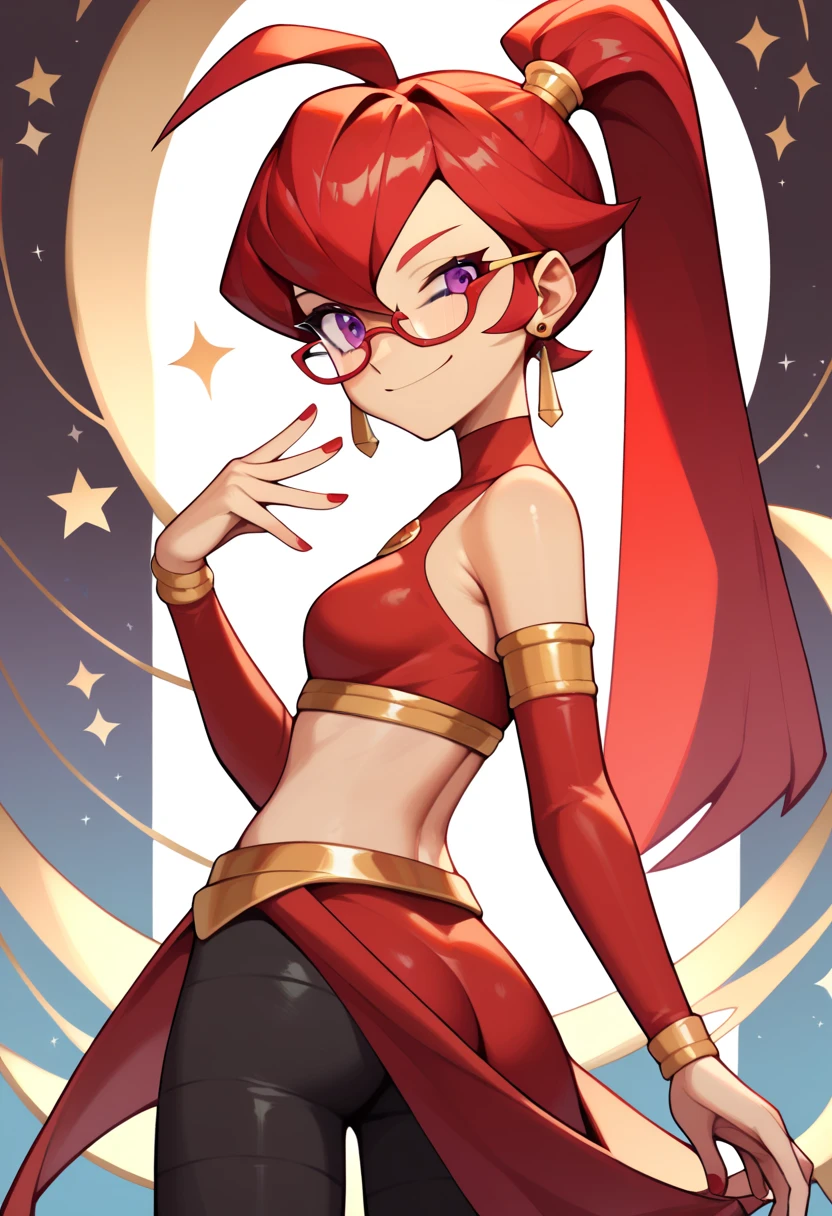 Mars, red nails, smiling, red hair, ponytail hairstyle, purple eyes, gold earings, red genie outfit, gold brasalet, showing , winking one eye, glasses, black tights, shwoing ass, transparent red veil over mouth