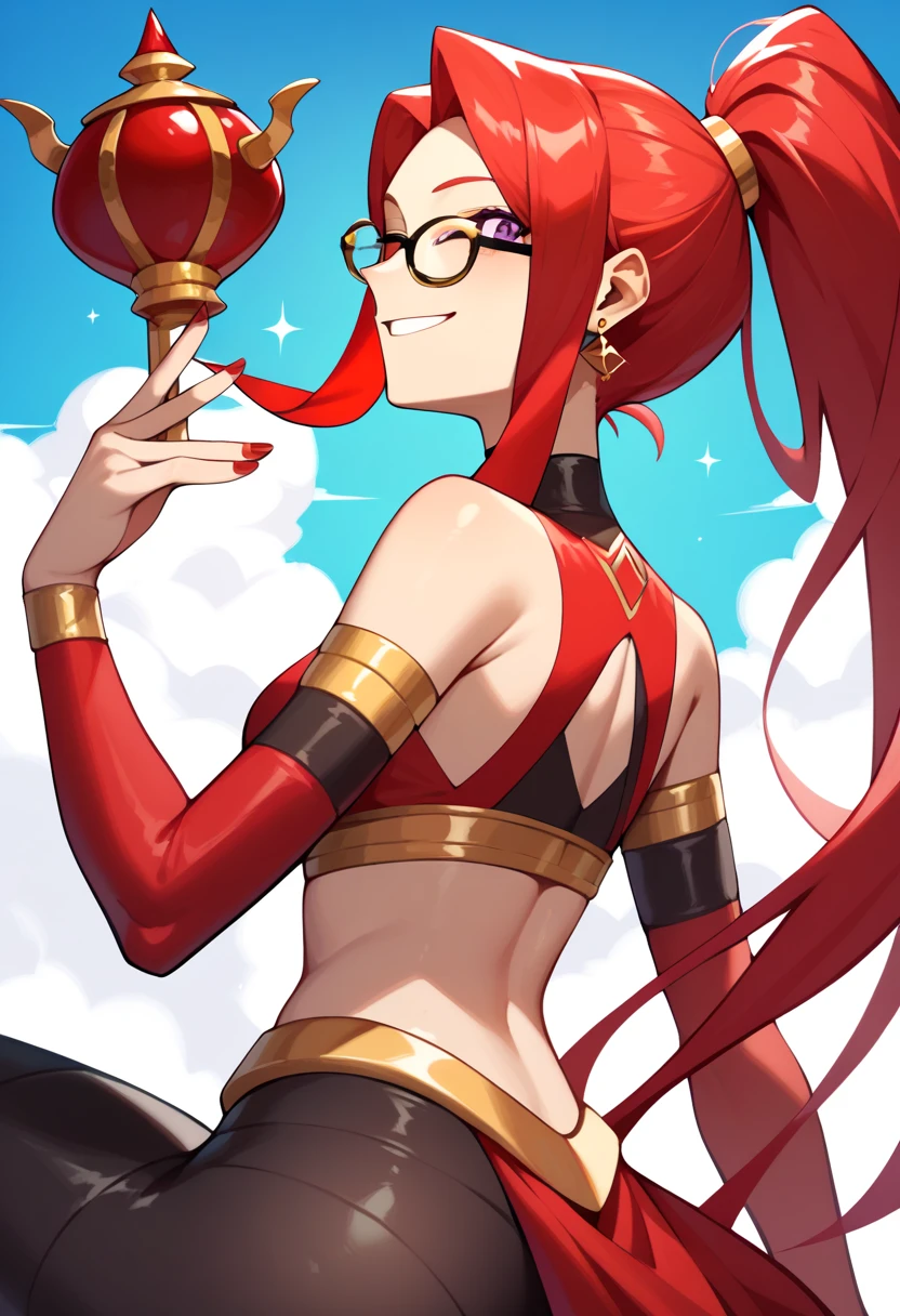 Mars, red nails, smiling, red hair, ponytail hairstyle, purple eyes, gold earings, red genie outfit, gold brasalet, showing , winking one eye, glasses, black tights, shwoing ass, transparent red veil over mouth