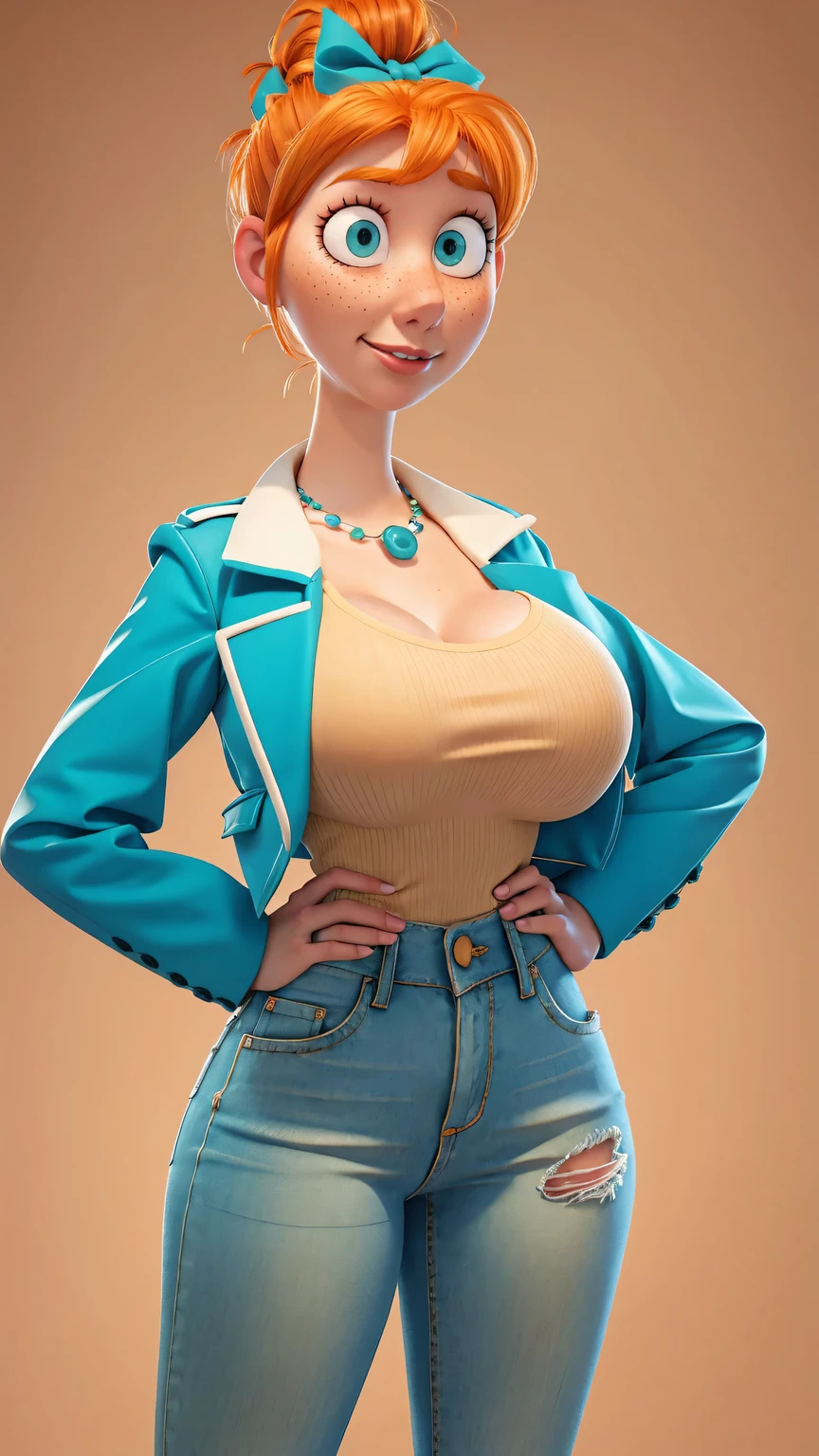 1 girl, Orange hair in a bun, green eyes, slight smile, freckles on the cheeks, thin eyebrows, white necklace with a bow, Teal Jacket, pale skin, standing, Cartoon, (pixar:1.2), Lucy Wilde, long nose, hits, tight short jeans,Full body view, wide hips, huge breasts, fitted top, camel toe, big breasts, huge breasts, camel toe, wide hips